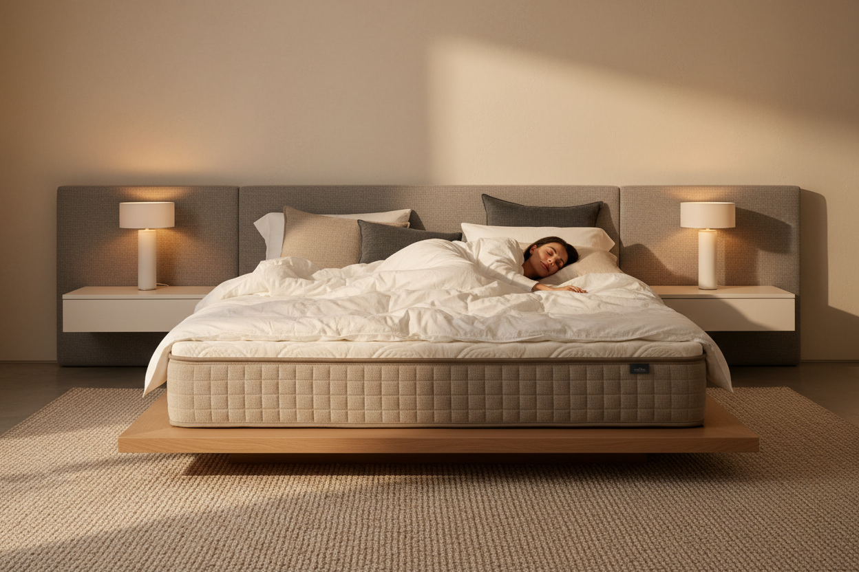 A luxurious and tranquil bedroom scene expressing ultimate comfort and rest. A peaceful sleeper resting on a high-end mattress, wrapped in soft linens. Warm ambient lighting, refined materials, neutral colors, minimalist design. The mood is calm, exclusive, and soothing. Ultra-realistic photography style, horizontal format, clean background, ideal for a premium mattress brand website.